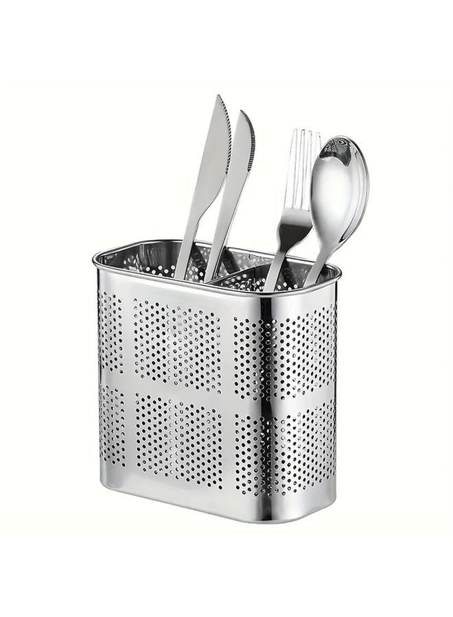 قفص تعليق تصريف المياه من الفولاذ المقاوم للصدأ لحمل عيدان الطعام ذو حجرتين لحامل أدوات المطبخ - Image 1